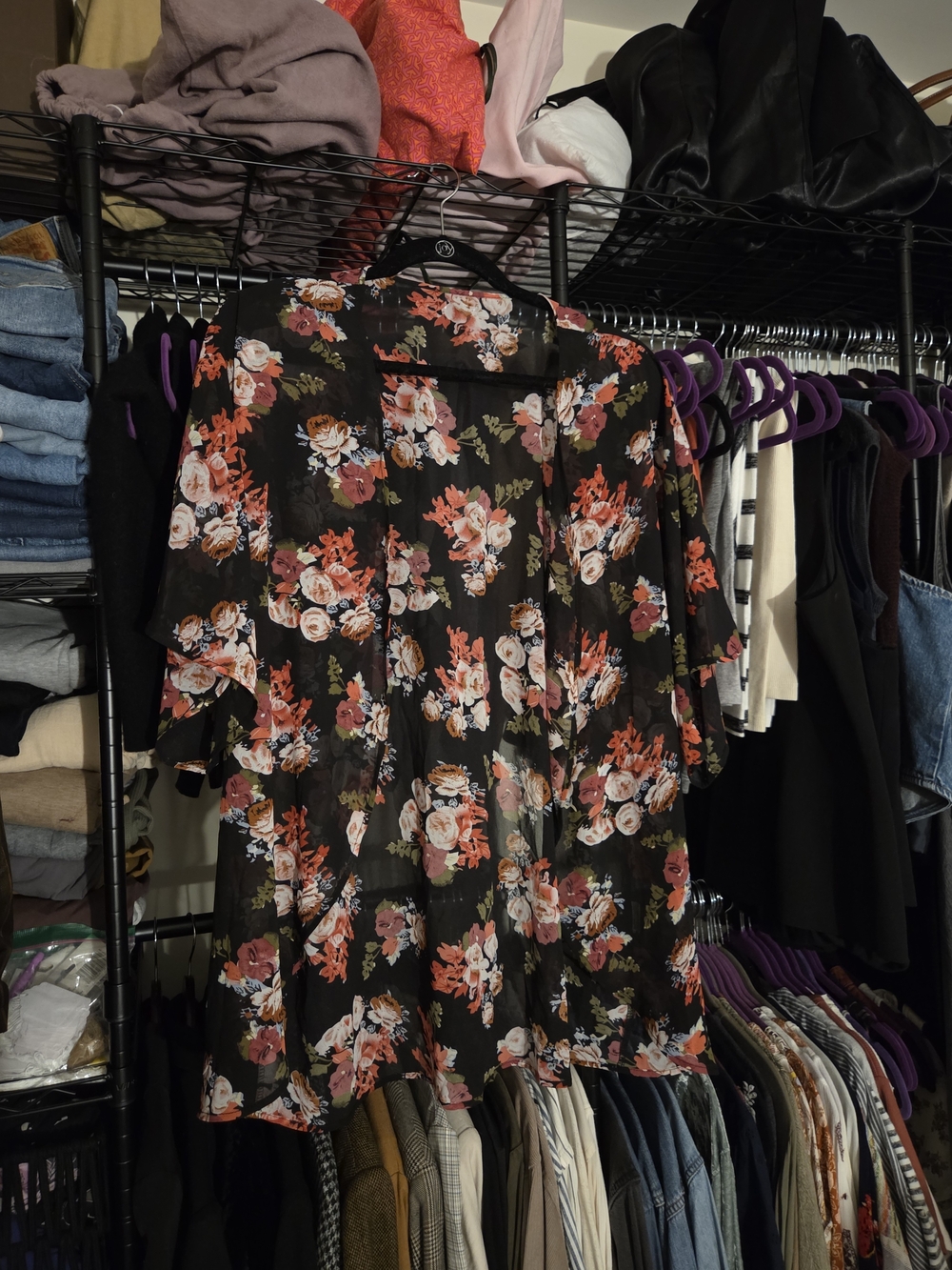 Sheer Floral Asymmetrical Kimono Dress - Black with Coral & White Flowers
